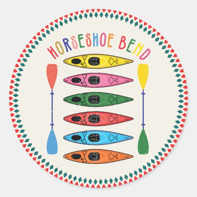 Pegatina Redonda Retro Horseshoe Bend Kayaking (Anverso)