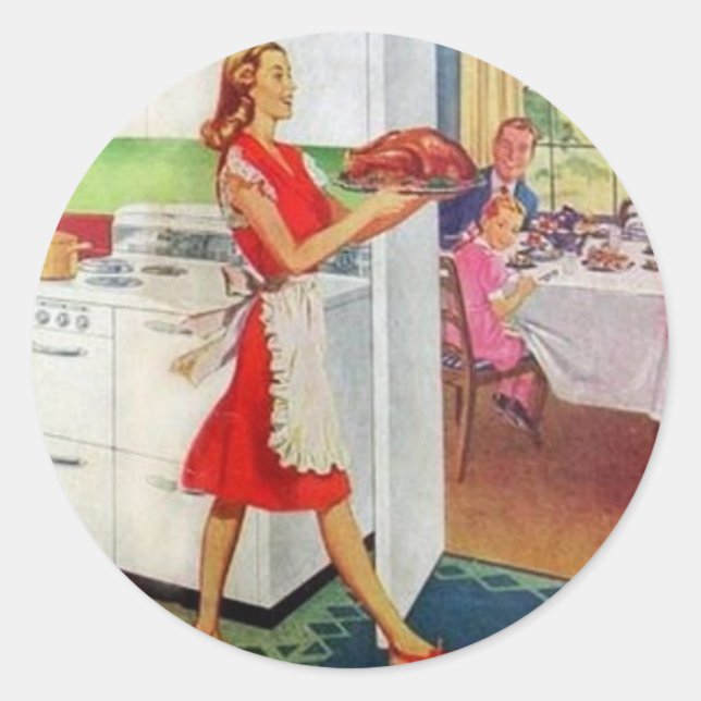 Pegatina Redonda Retro Housewife en Acción de Gracias (Anverso)