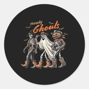 Pegatina Redonda Retro Howdy Ghouls Skeleton Cowboy Rodeo occidenta