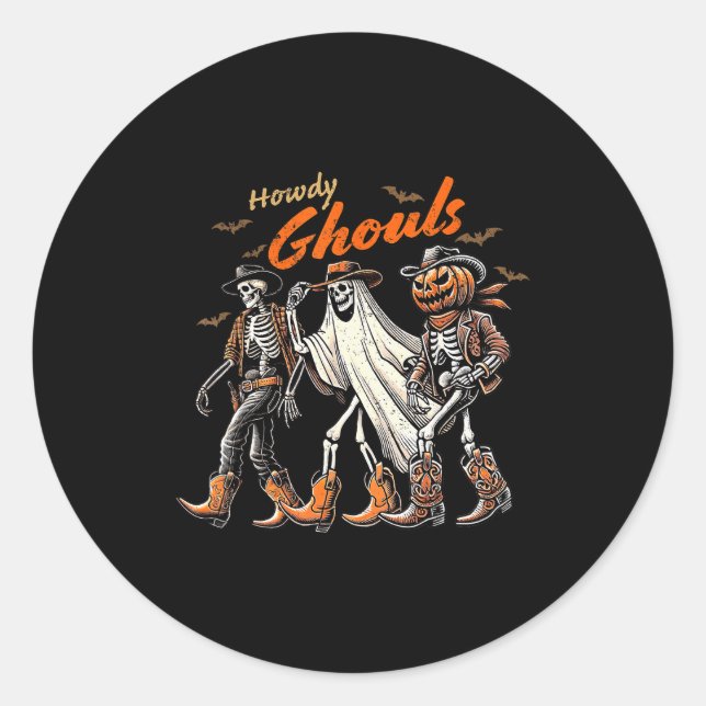 Pegatina Redonda Retro Howdy Ghouls Skeleton Cowboy Western Rodeo H (Anverso)