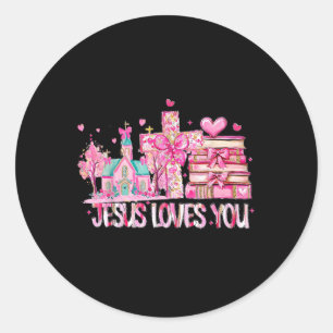 Pegatina Redonda Retro Jesús te Ama Rosa Día de San Valentín Cristi
