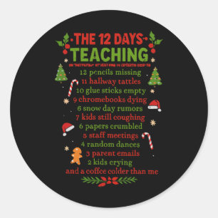Pegatina Redonda Retro Los 12 Días De Enseñanza De Navidad Profesor
