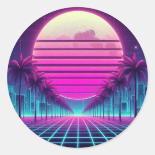 Pegatina Redonda retro, luna de neón/palmas de los años 80