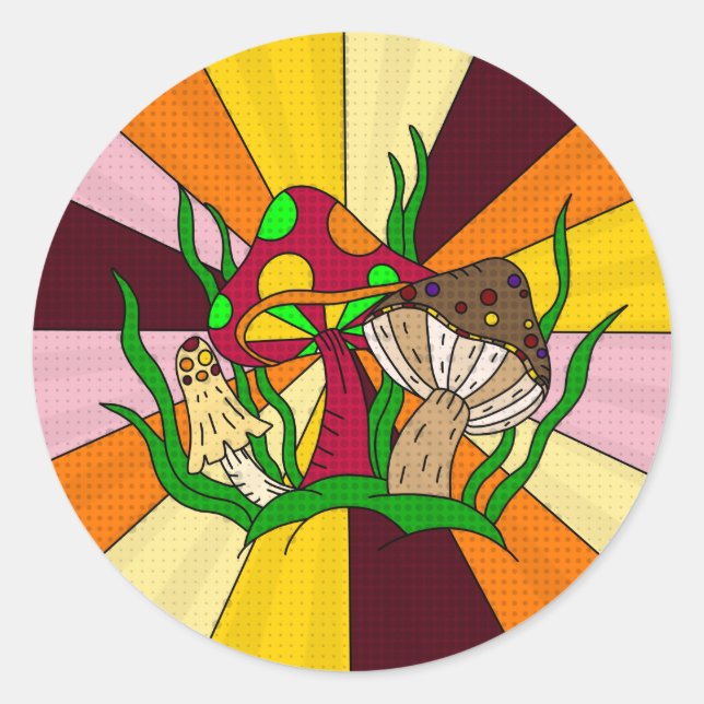 Pegatina Redonda Retro Magic Mushrooms arte dibujado en mano (Anverso)
