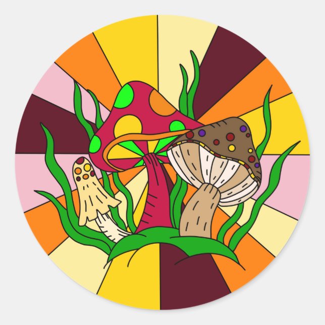Pegatina Redonda Retro Magic Mushrooms arte dibujado en mano (Anverso)
