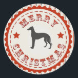 Pegatina Redonda Retro Merry Christmas Greyhound Dog<br><div class="desc">Silhouette de perro de Greyhound en un patrón rayado de caña de dulces para las vacaciones de los Navidades. El emblema distintivo añade un toque de clase a estos elegantes mascotas de carreras.</div>
