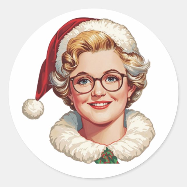 Pegatina Redonda Retro Mrs. Claus Christmas Sticker (Anverso)