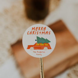 Pegatina Redonda Retro Navidades de árbol de coches rojos con mano 