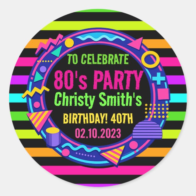 Pegatina Redonda Retro Neon 80s Birthday adult Party (Anverso)