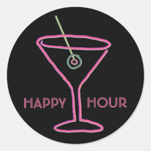 Pegatina Redonda Retro Neon Martini Happy Hour Pegatinas