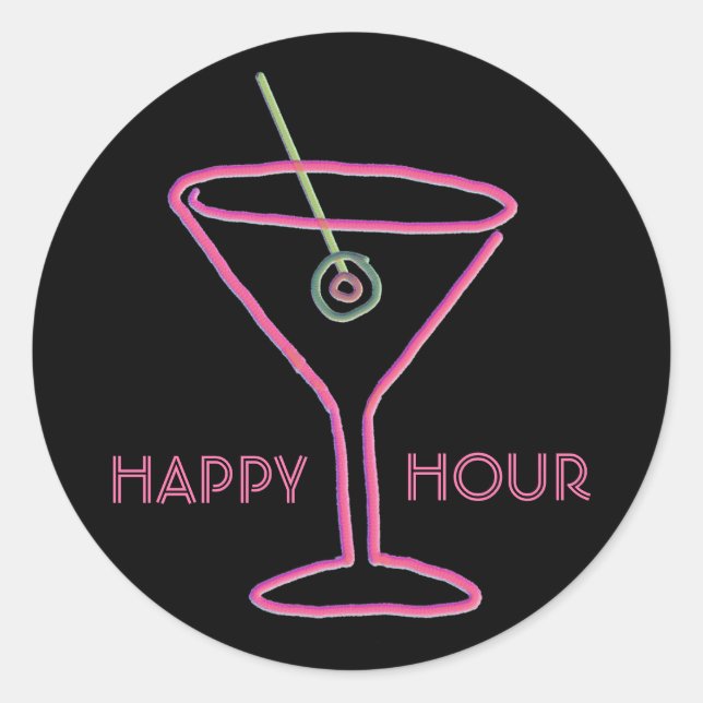 Pegatina Redonda Retro Neon Martini Happy Hour Pegatinas (Anverso)