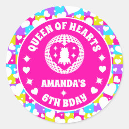 Pegatina Redonda Retro Neon Reina de los Corazones Cumpleaños