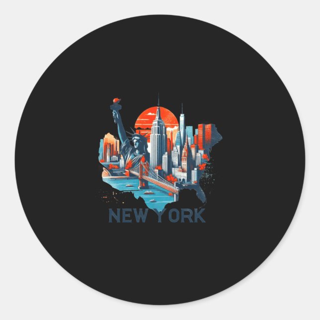 Pegatina Redonda Retro New York Skyline Silhouette  (Anverso)