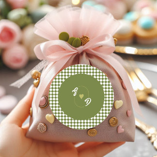 Pegatina Redonda Retro Olive Green Monogram Initial Heart Wedding 
