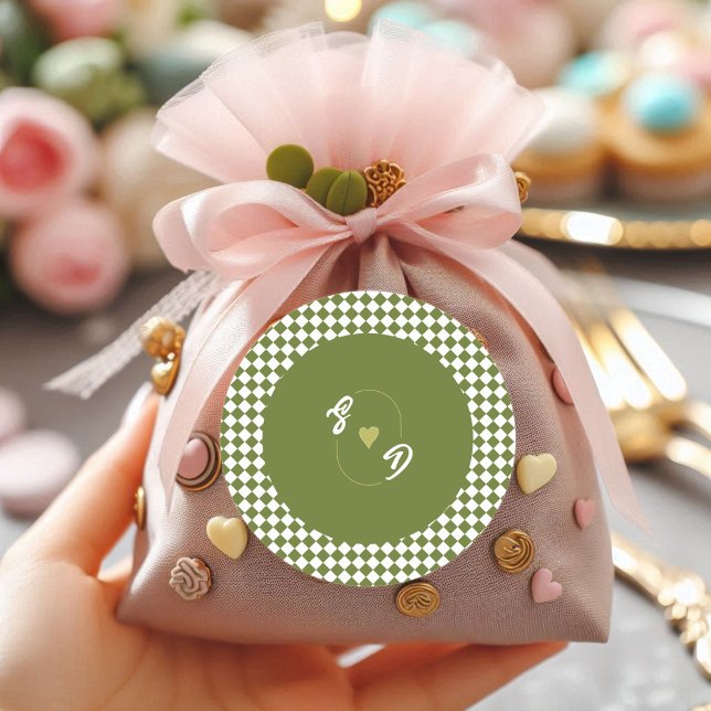 Pegatina Redonda Retro Olive Green Monogram Initial Heart Wedding  (Subido por el creador)