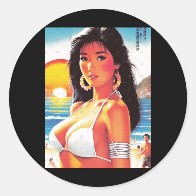 Pegatina Redonda Retro Oriental Girl Sticker  (Anverso)