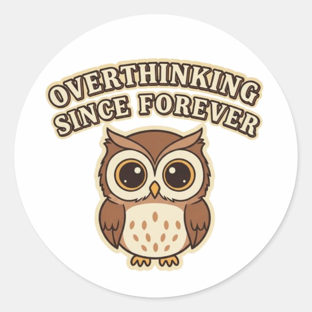 Pegatina Redonda Retro Owl Overthinking Vinyl Sticker (Anverso)