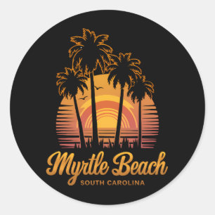 Pegatina Redonda Retro Palm Tree Sunset South Carolina Myrtle Beach