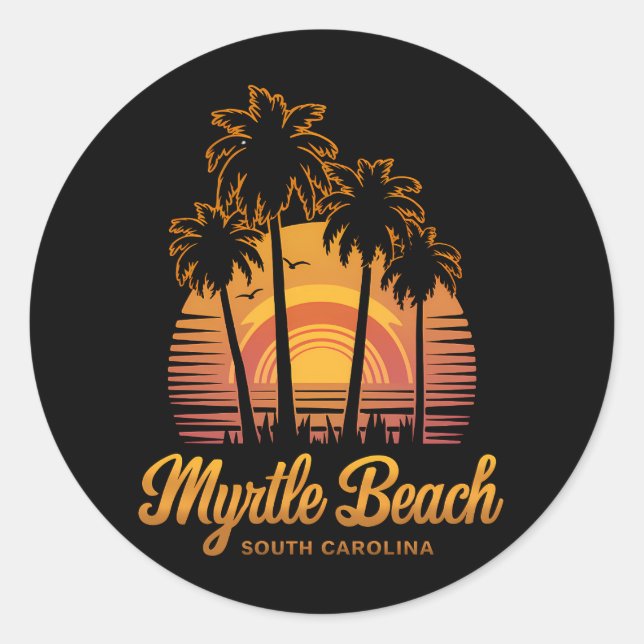 Pegatina Redonda Retro Palm Tree Sunset South Carolina Myrtle Beach (Anverso)