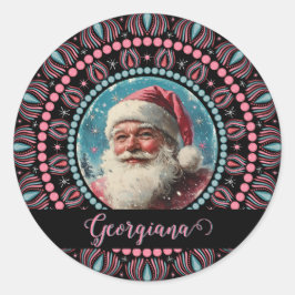 Pegatina Redonda Retro personalizado Santa Pinkmas Floral Mandala C