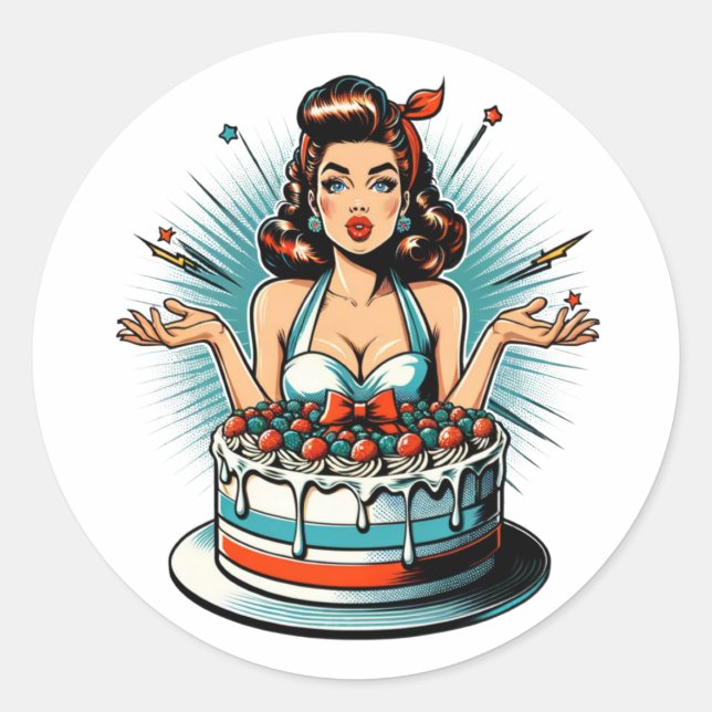Pegatina Redonda Retro Pinup Birday Woman and Cake (Anverso)
