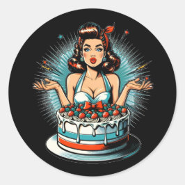 Pegatina Redonda Retro Pinup Birday Woman and Cake
