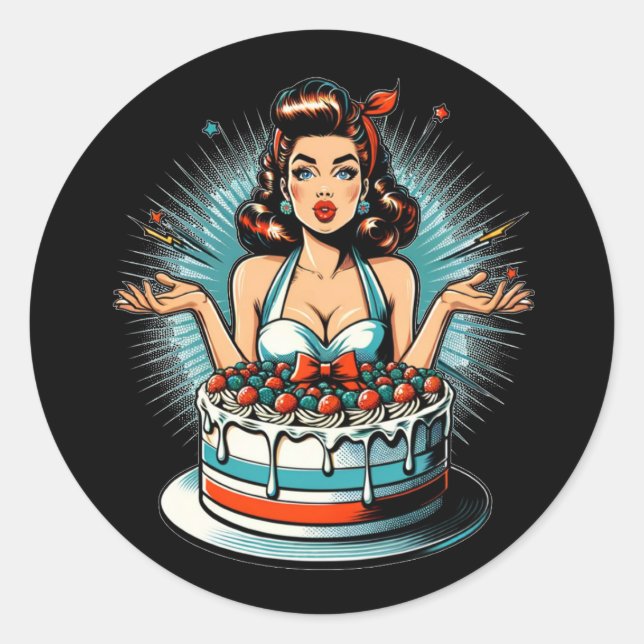 Pegatina Redonda Retro Pinup Birday Woman and Cake (Anverso)