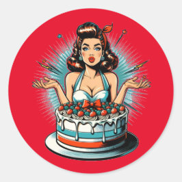 Pegatina Redonda Retro Pinup Birday Woman and Cake