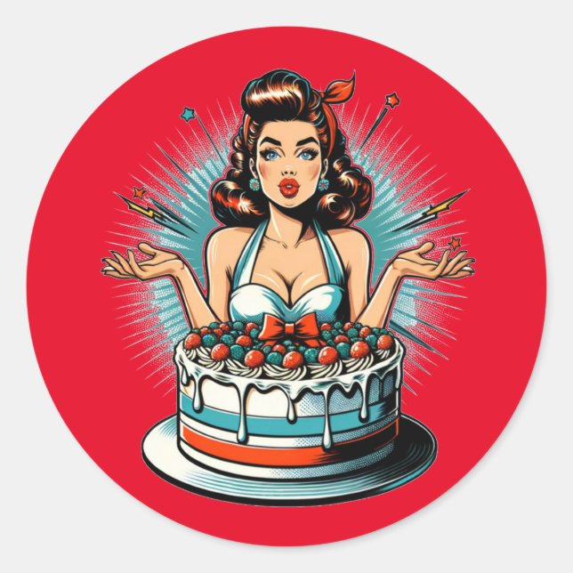 Pegatina Redonda Retro Pinup Birday Woman and Cake (Anverso)