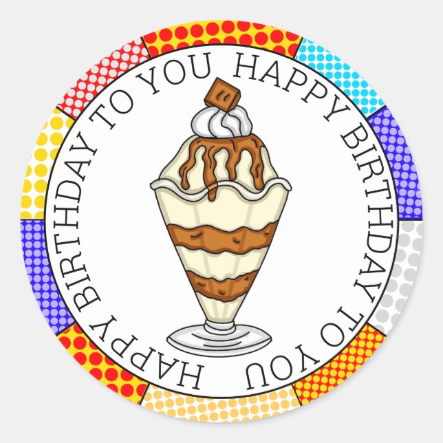 Pegatina Redonda Retro Pop Art Caramel Ice Cream Sundae (Anverso)