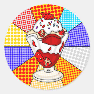 Pegatina Redonda Retro Pop Art Fresas Helados Sundae