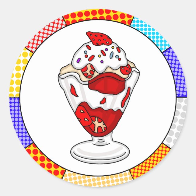 Pegatina Redonda Retro Pop Art Fresas Helados Sundae (Anverso)