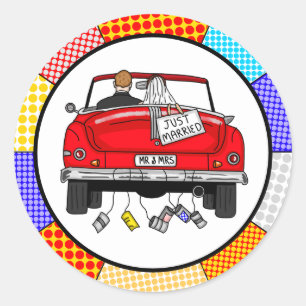 Pegatina Redonda Retro Pop Art Mr. & Mrs.   Acabo De Casarse