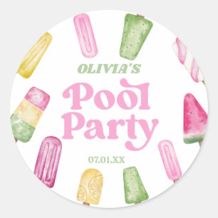Pegatina Redonda Retro Popsicle Birthday Pool Fiesta