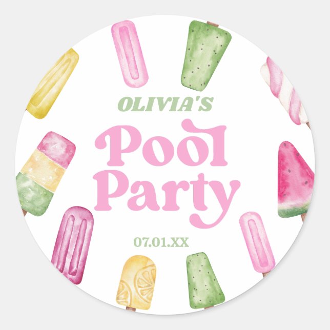 Pegatina Redonda Retro Popsicle Birthday Pool Fiesta (Anverso)