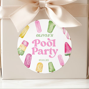 Pegatina Redonda Retro Popsicle Birthday Pool Fiesta