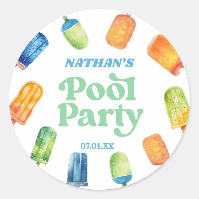 Pegatina Redonda Retro Popsicle Birthday Pool Fiesta (Anverso)