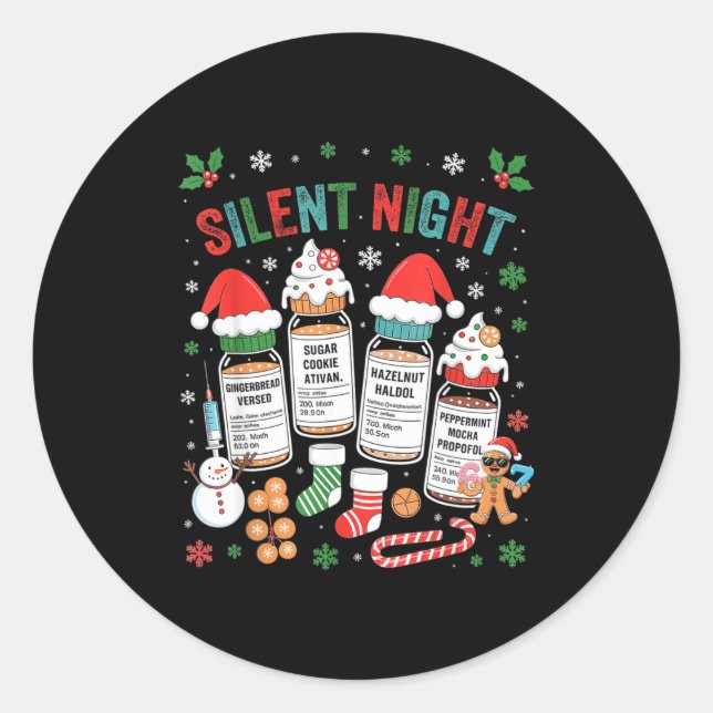 Pegatina Redonda Retro Profol Silent Night Icu Nurses Funny Merry C (Anverso)
