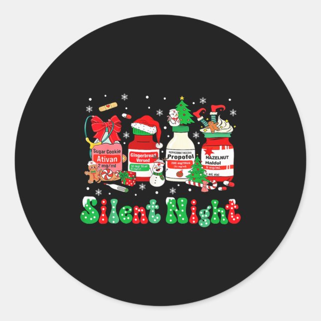 Pegatina Redonda Retro Profol Silent Night Icu Nurses Funny Merry C (Anverso)