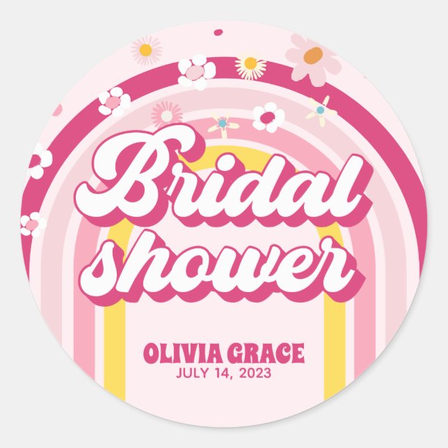 Pegatina Redonda Retro Rainbow Daisy Groovy Bridal Shower (Anverso)