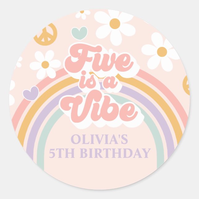 Pegatina Redonda Retro Rainbow Five es una Vibra Cumpleaños 5 (Anverso)