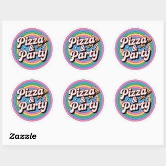 Pegatina Redonda Retro Rainbow Pizza and Party Birthday Round Stick