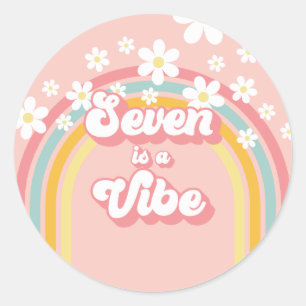 Pegatina Redonda Retro Rainbow Seven es una Vibra Divertida Cumplea