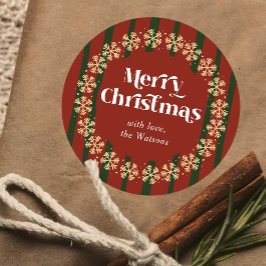 Pegatina Redonda Retro Red & Green Merry Christmas Custom Name