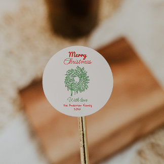 Pegatina Redonda Retro Red Hand Drawn Bows Wreath Merry Christmas