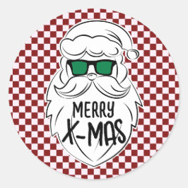 Pegatina Redonda Retro Red Pink Checkered Santa Claus Christmas 