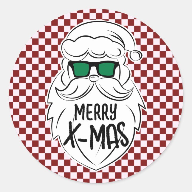 Pegatina Redonda Retro Red Pink Checkered Santa Claus Christmas  (Anverso)