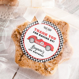 Pegatina Redonda Retro Red Race Car Fast One Boy Birday Party