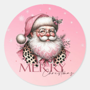 Pegatina Redonda Retro Santa Claus Feliz Navidad En Rosa
