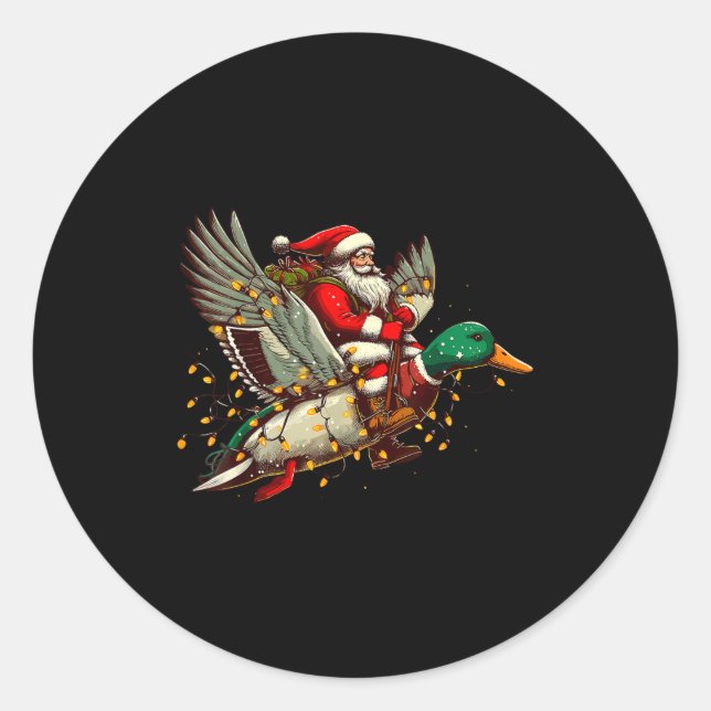 Pegatina Redonda Retro Santa Mallard Duck Christmas Hunting Season  (Anverso)